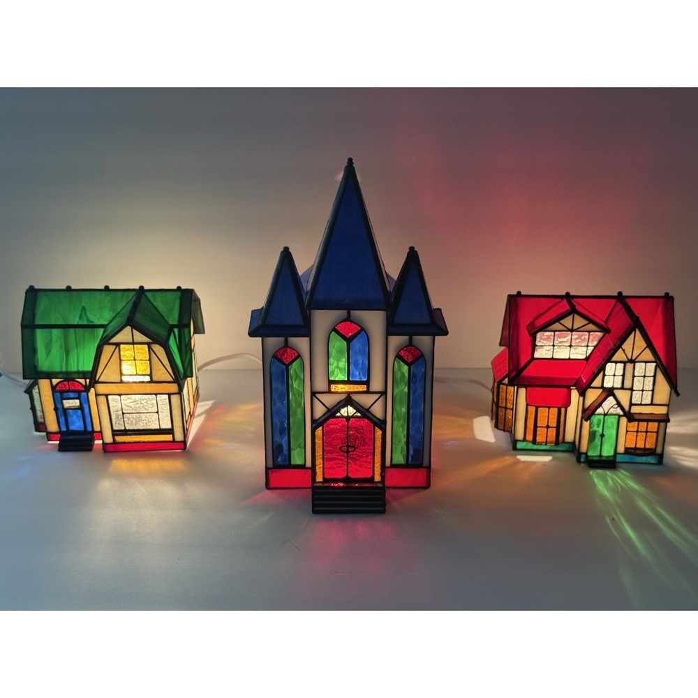 Grandeur Noel Stained Glass Christmas Village 3pc Lighted Tiffany House Church